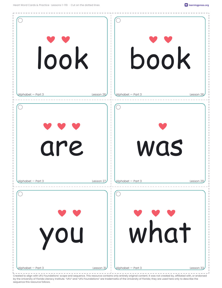 Preview page 2 of UFLI Aligned Extras Bundle · Heart Words, Sound Wall & Progress Trackers