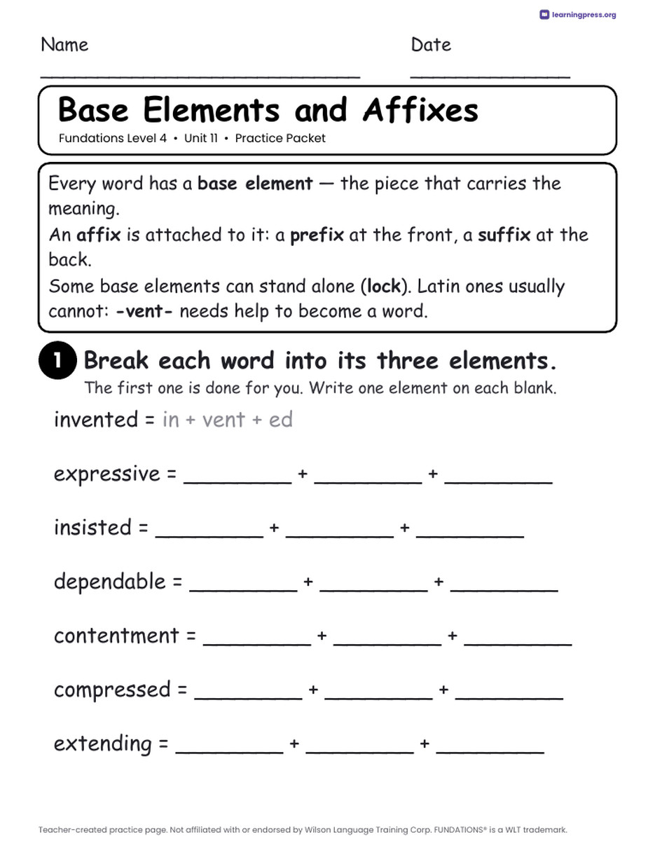 Preview page 1 of Fundations Level 4 Unit 11 Practice Packet
