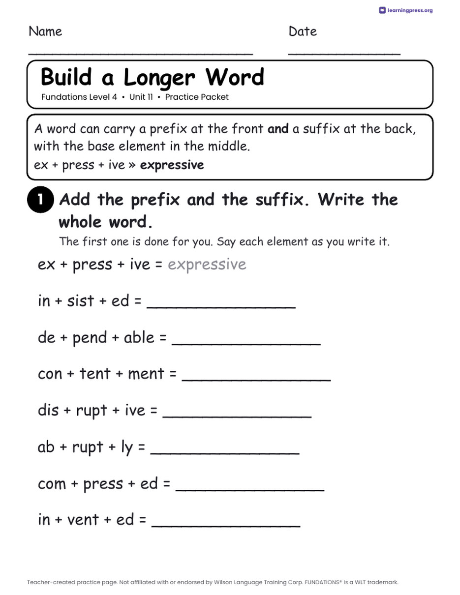 Preview page 2 of Fundations Level 4 Unit 11 Practice Packet