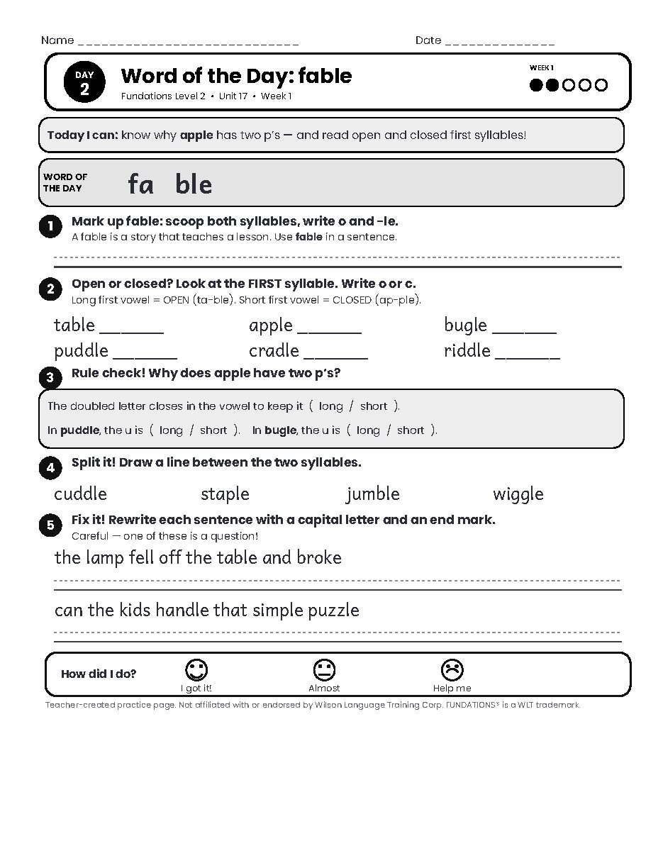 Preview page 3 of Fundations Level 2 Unit 17 Practice Pack