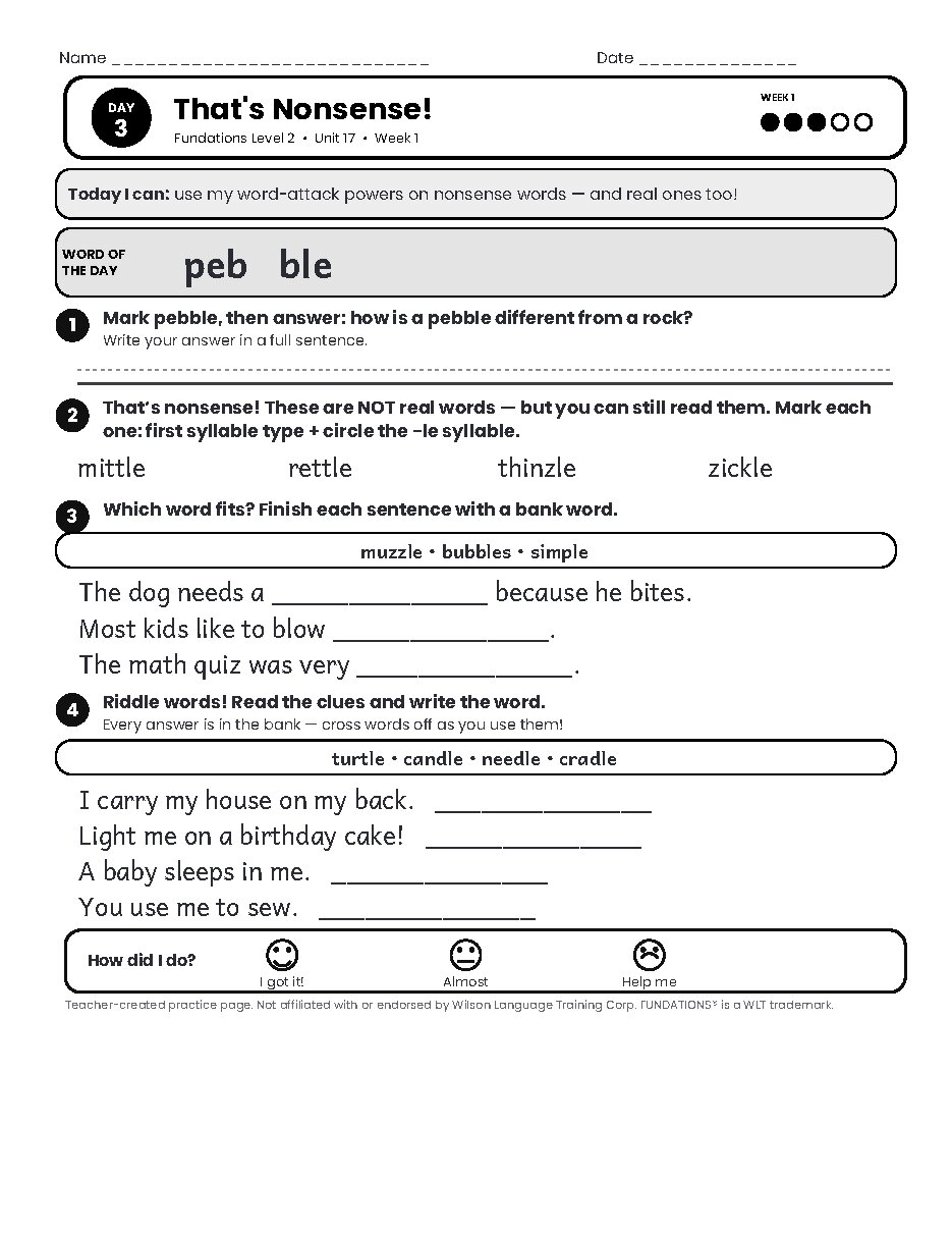 Preview page 4 of Fundations Level 2 Unit 17 Practice Pack