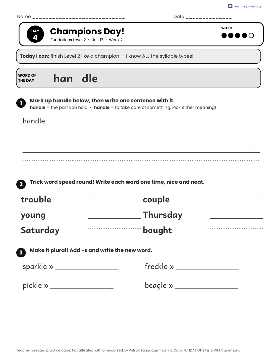 Preview page 4 of Fundations Level 2 Unit 17 Daily Lesson Work Pages