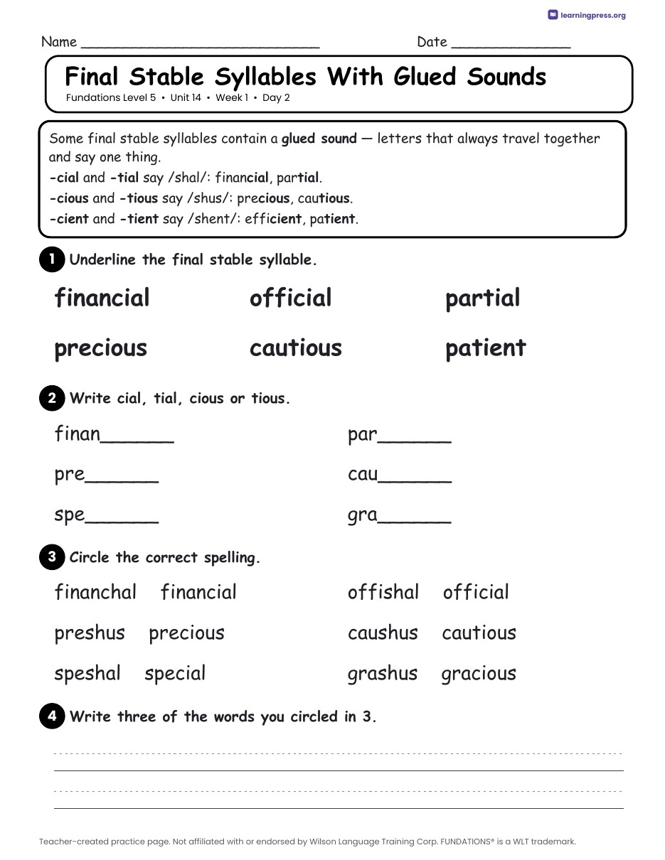 Preview page 1 of Fundations Level 5 Unit 14 Daily Lesson Work Pages