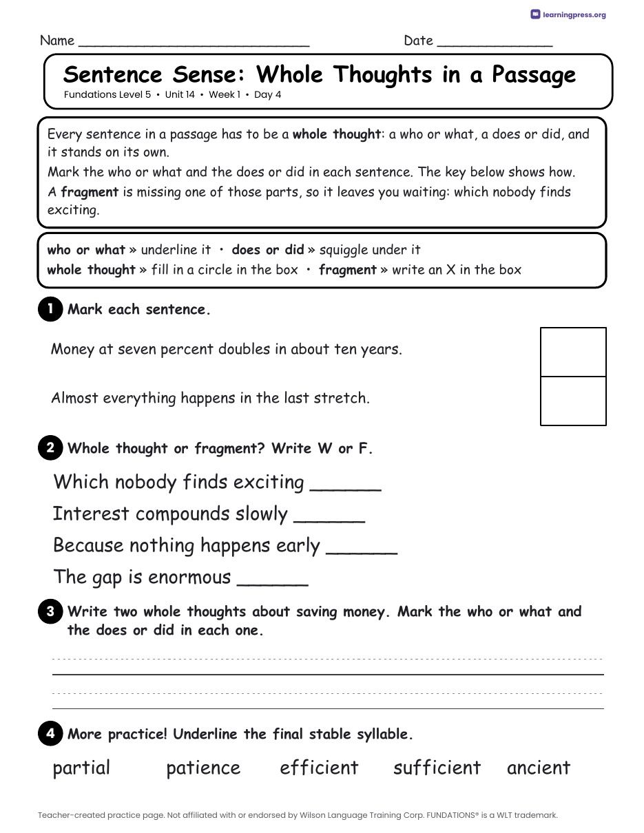 Preview page 2 of Fundations Level 5 Unit 14 Daily Lesson Work Pages