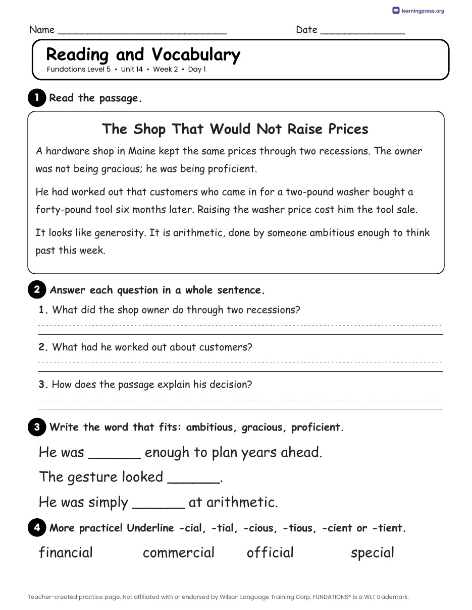 Preview page 3 of Fundations Level 5 Unit 14 Daily Lesson Work Pages