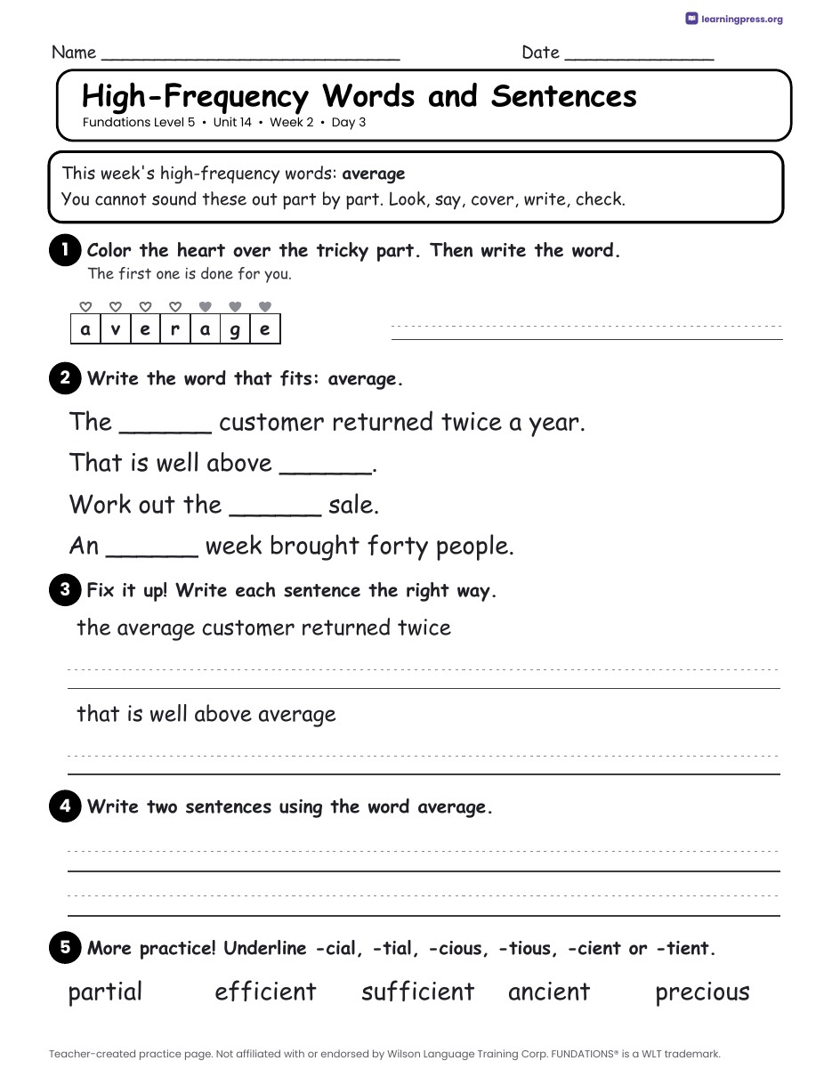 Preview page 4 of Fundations Level 5 Unit 14 Daily Lesson Work Pages