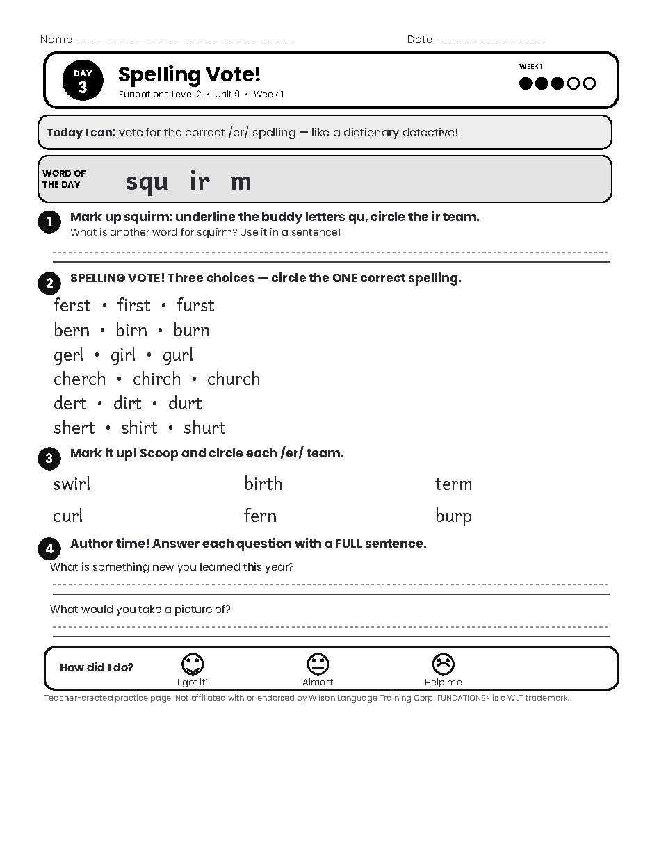 Preview page 4 of Fundations Level 2 Unit 9 Practice Pack