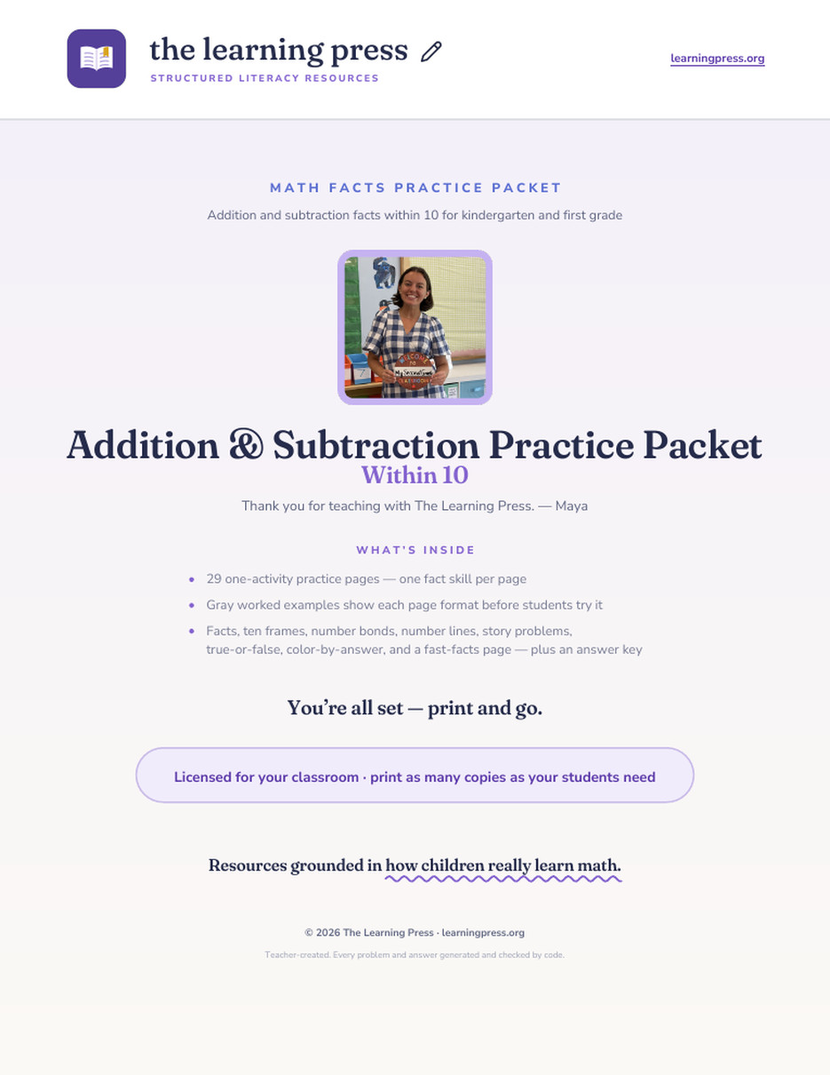 Preview page 1 of Addition and Subtraction Practice Packet · Within 10