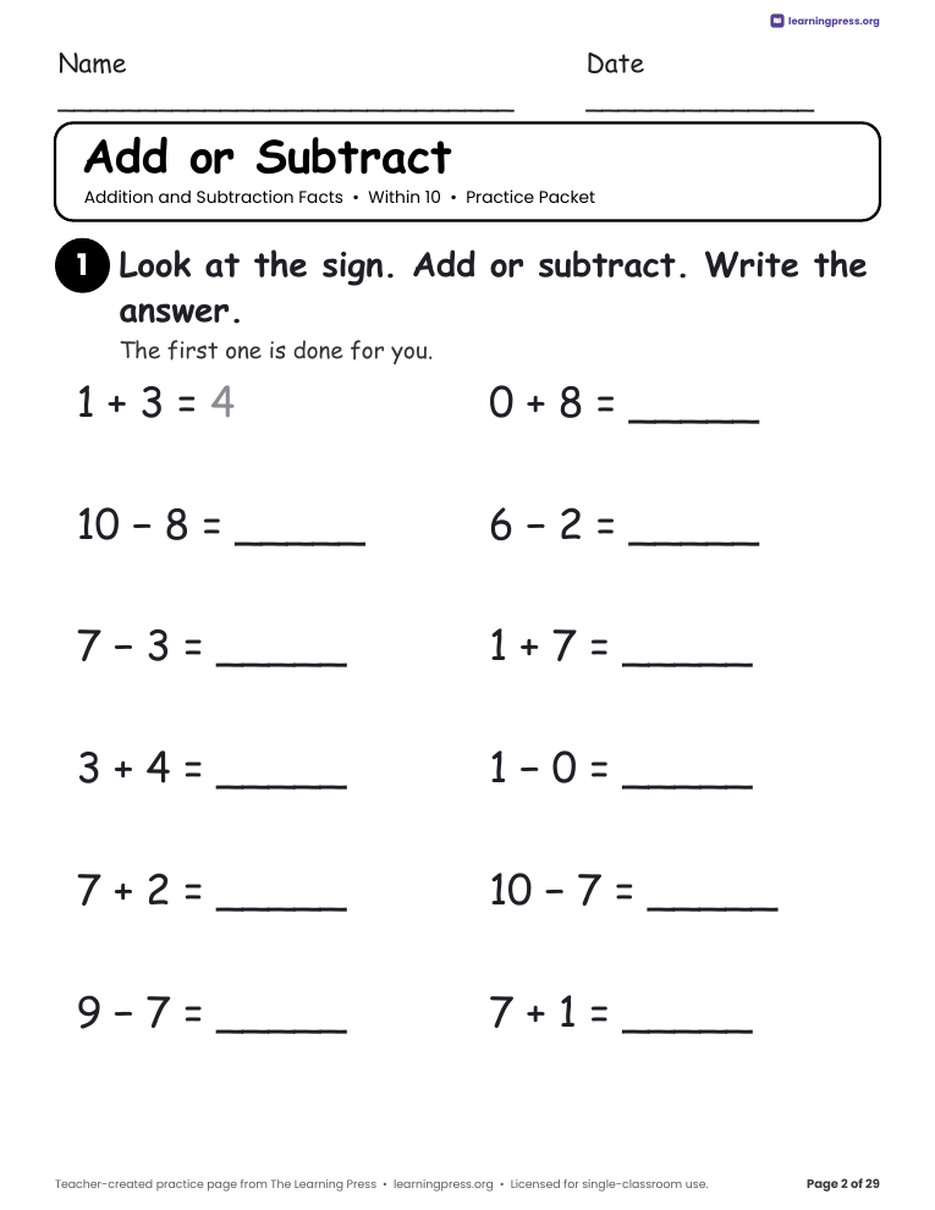 Preview page 2 of Addition and Subtraction Practice Packet · Within 10