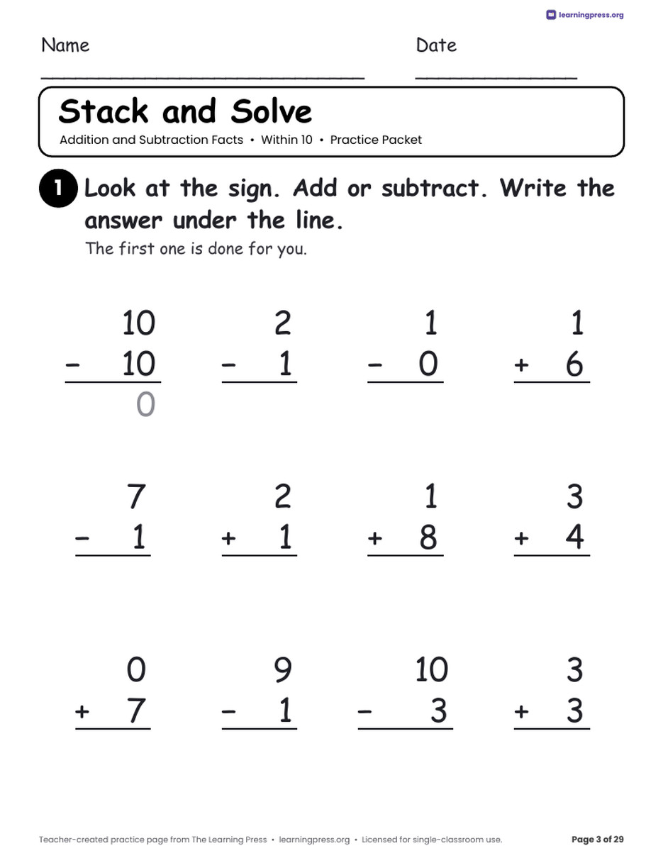 Preview page 3 of Addition and Subtraction Practice Packet · Within 10