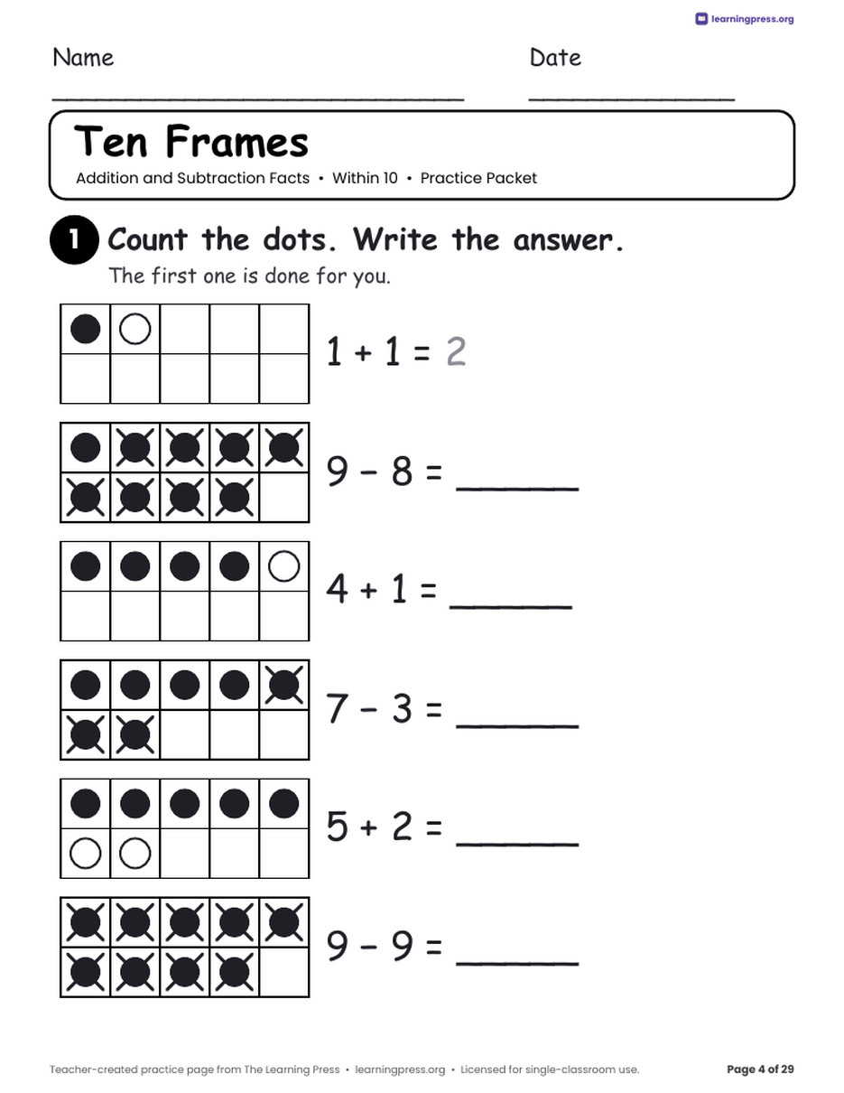 Preview page 4 of Addition and Subtraction Practice Packet · Within 10