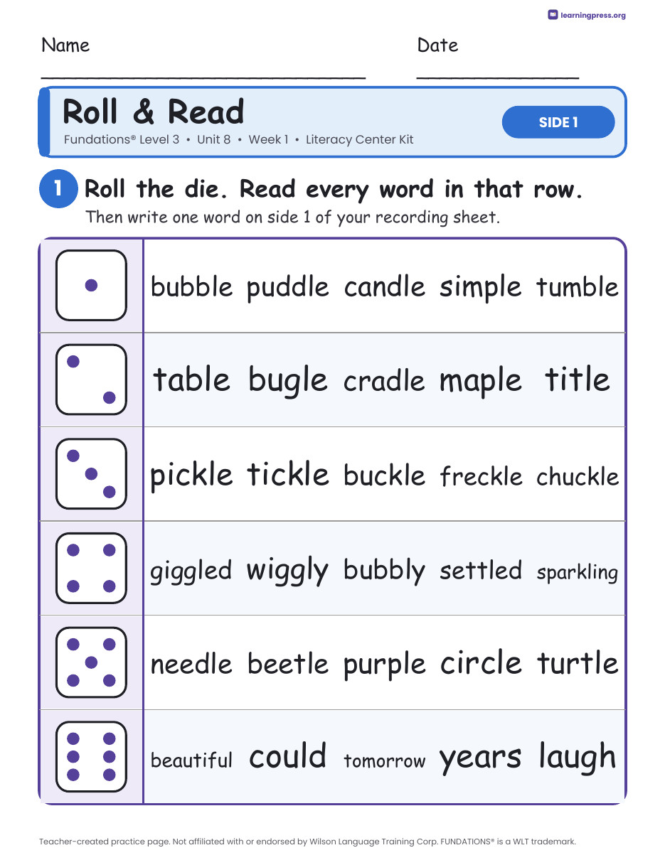 Preview page 1 of Fundations Level 3 Unit 8 Week 1 Literacy Center Kit
