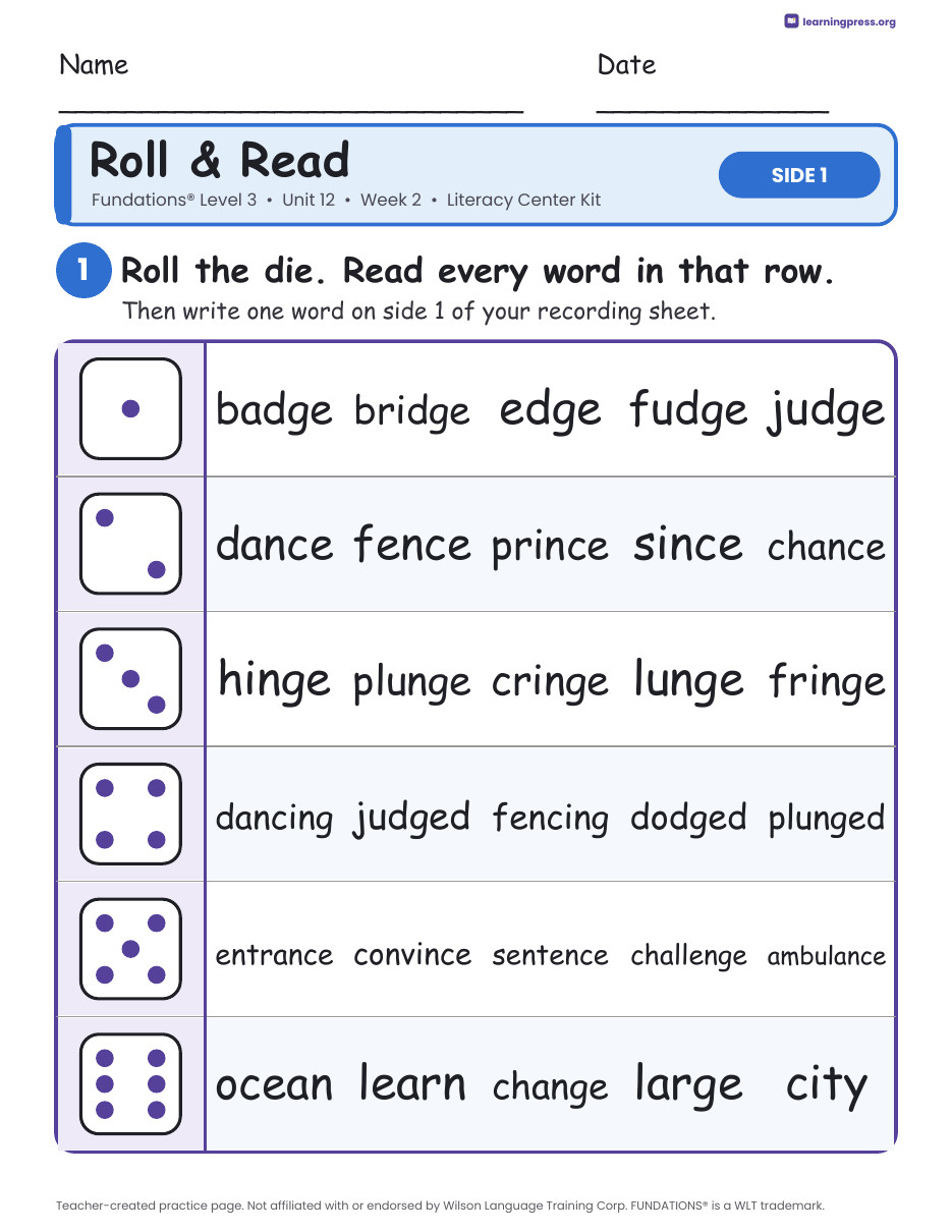 Preview page 1 of Fundations Level 3 Unit 12 Week 2 Literacy Center Kit