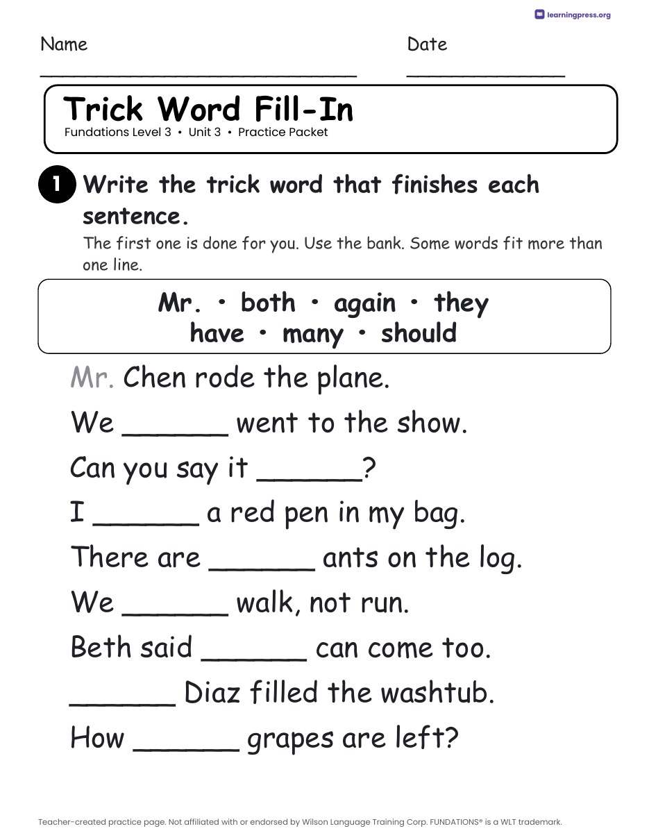 Preview page 3 of Fundations Level 3 Unit 3 Practice Packet