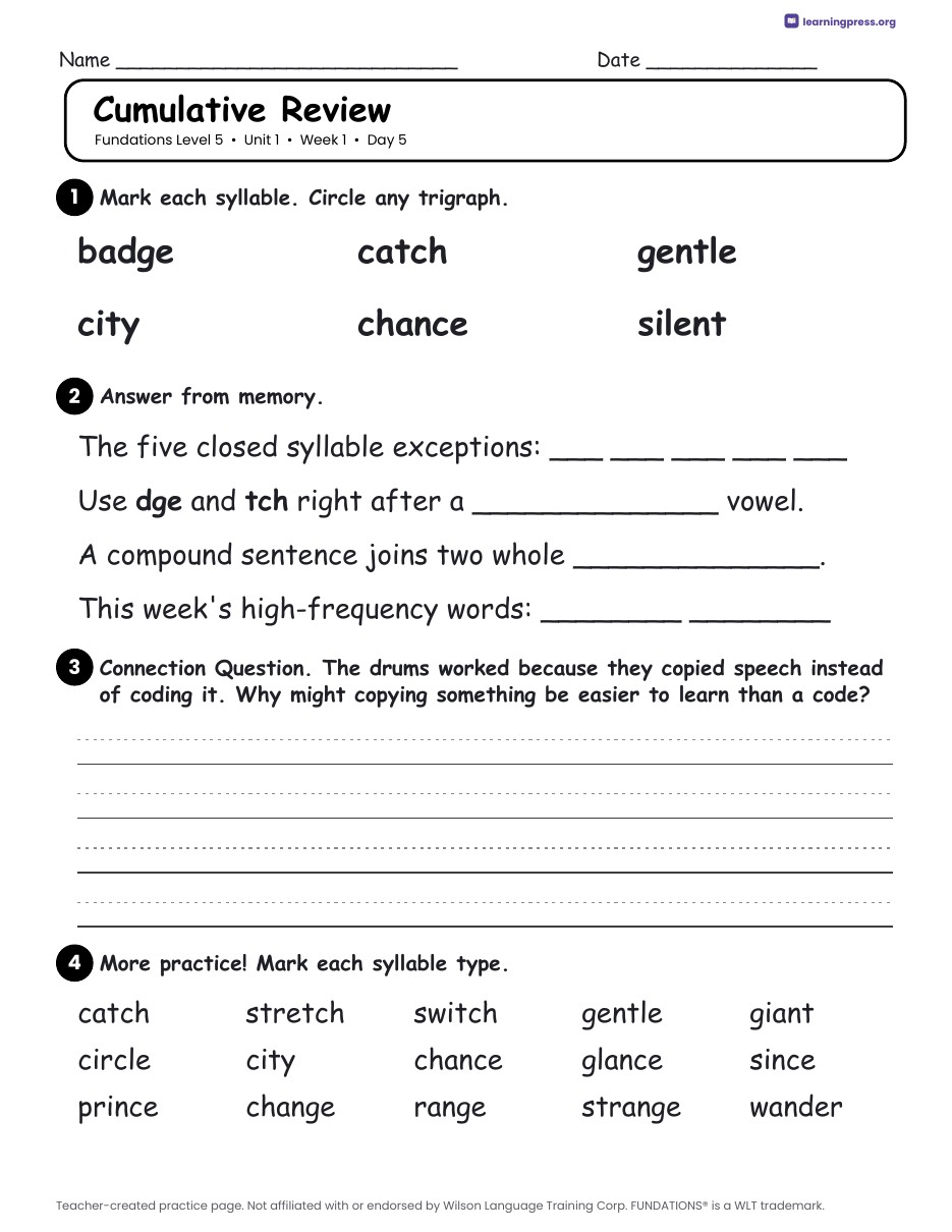 Preview page 1 of Fundations Level 5 — Complete Level Bundle (Units 1–15)