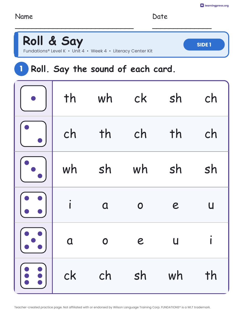 Preview page 1 of Fundations Level K Unit 4 Week 4 Literacy Center Kit