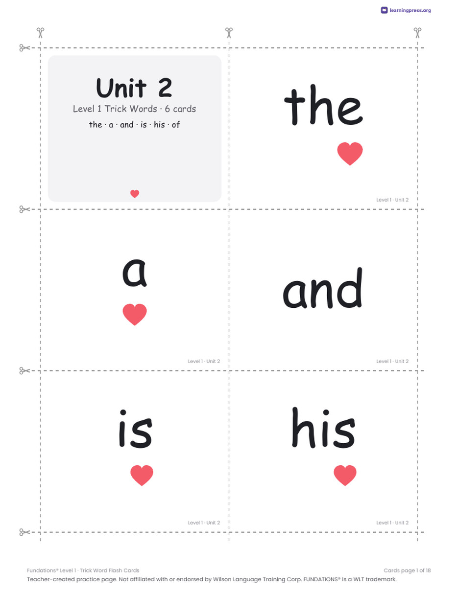 Preview page 2 of Fundations Trick Word Flash Cards — Bundle (All Levels K–3)