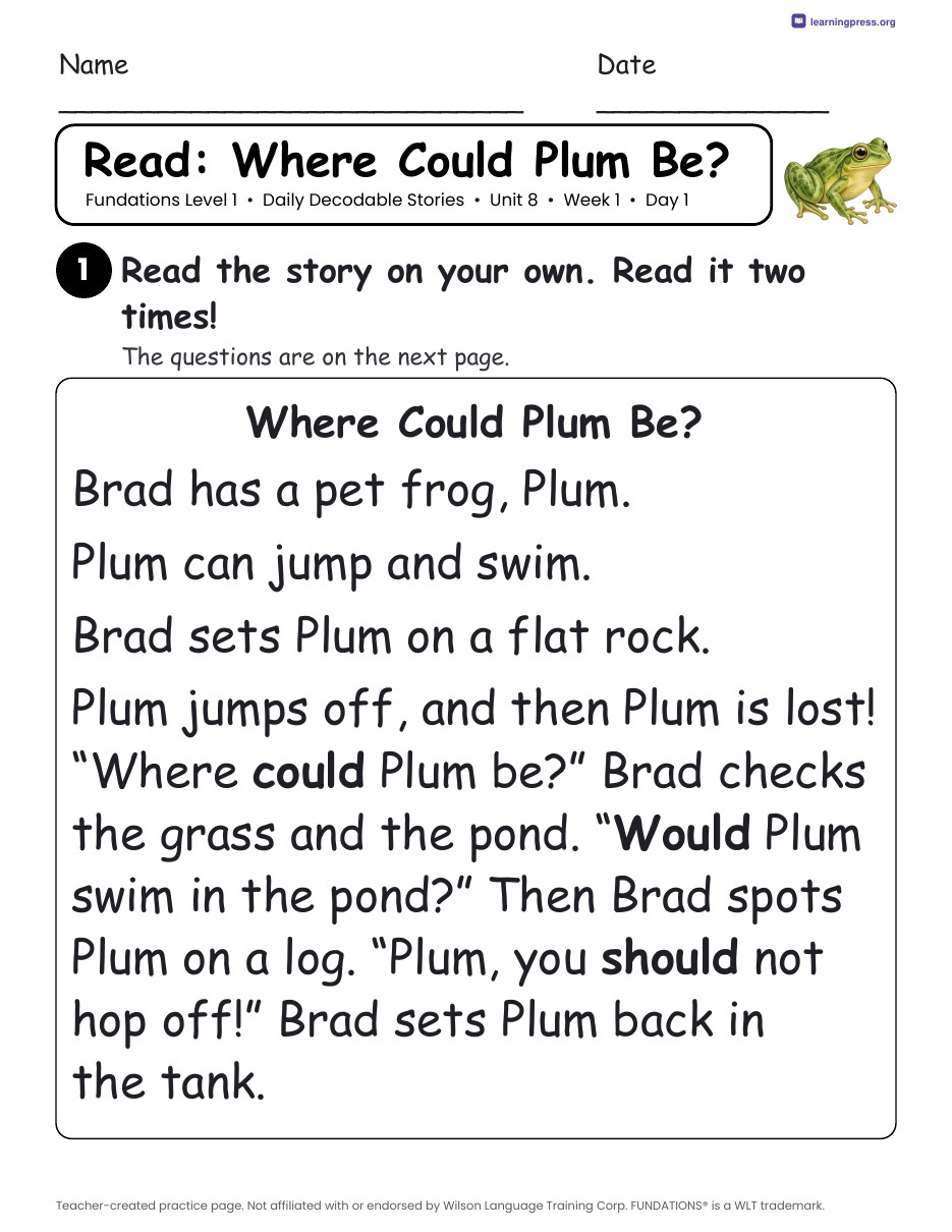 Preview page 1 of Fundations Level 1 Unit 8 Daily Decodable Stories