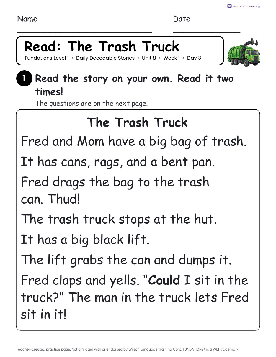 Preview page 2 of Fundations Level 1 Unit 8 Daily Decodable Stories