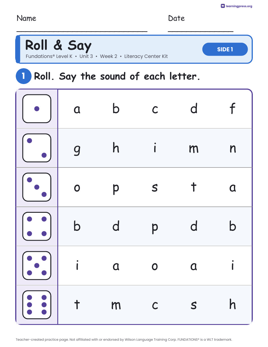 Preview page 1 of Fundations Level K Unit 3 Week 2 Literacy Center Kit