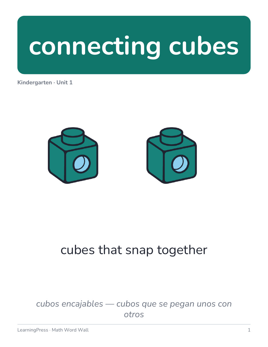 Preview page 1 of Illustrative Math (IM®) Aligned Kindergarten Math Word Wall (English & Spanish)
