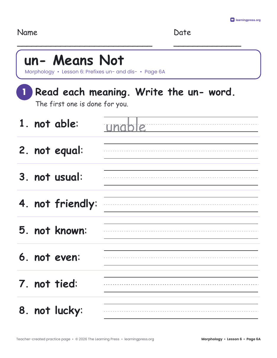 Preview page 1 of Grade 3 Morphology Unit 2: un-, dis-, re-, pre-, mis-, non-, in-, im-