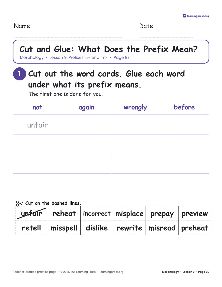 Preview page 4 of Grade 3 Morphology Unit 2: un-, dis-, re-, pre-, mis-, non-, in-, im-