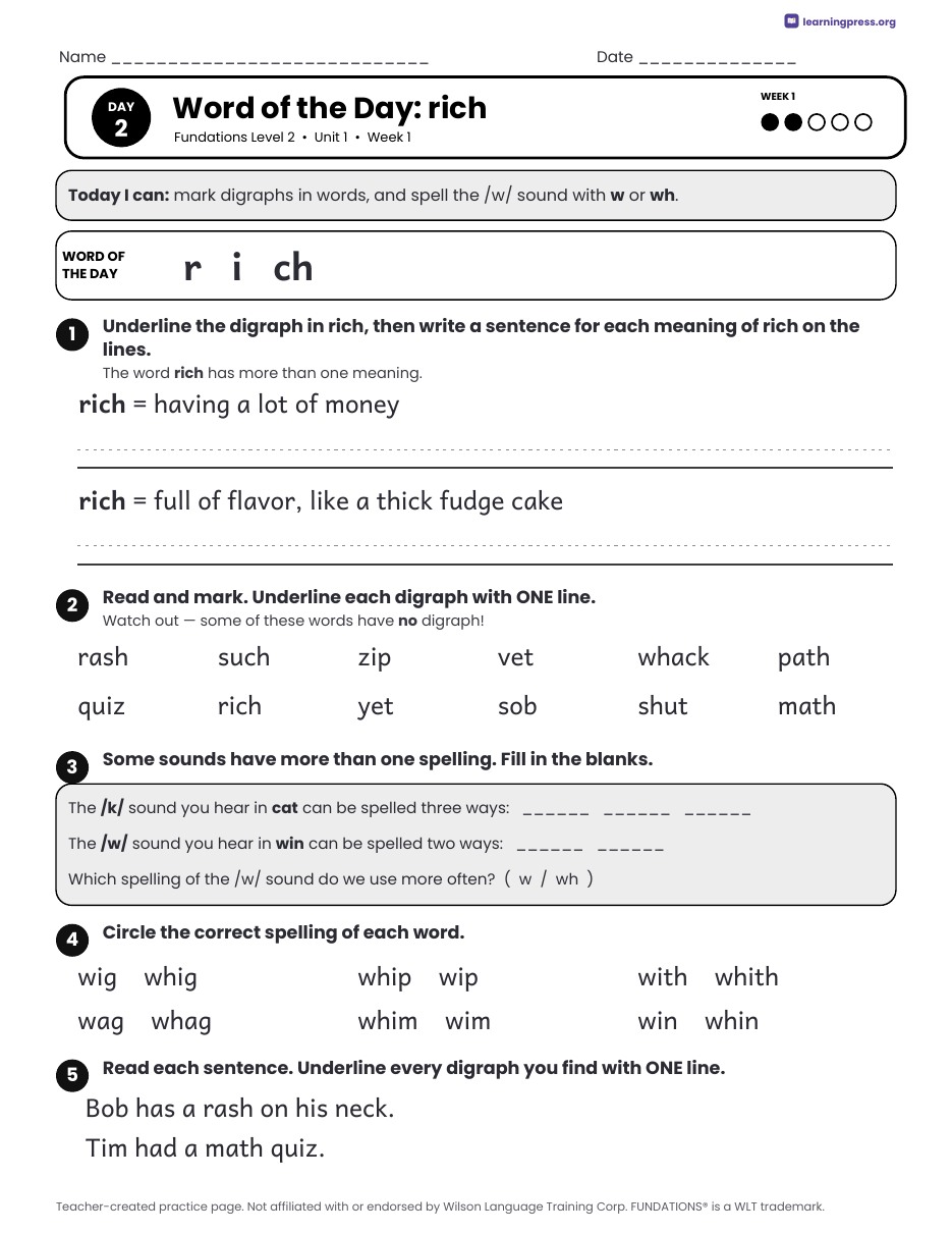 Preview page 1 of Fundations LEVEL 2 — Full-Year Daily Lesson Work Page Bundle (All Units 1–17)