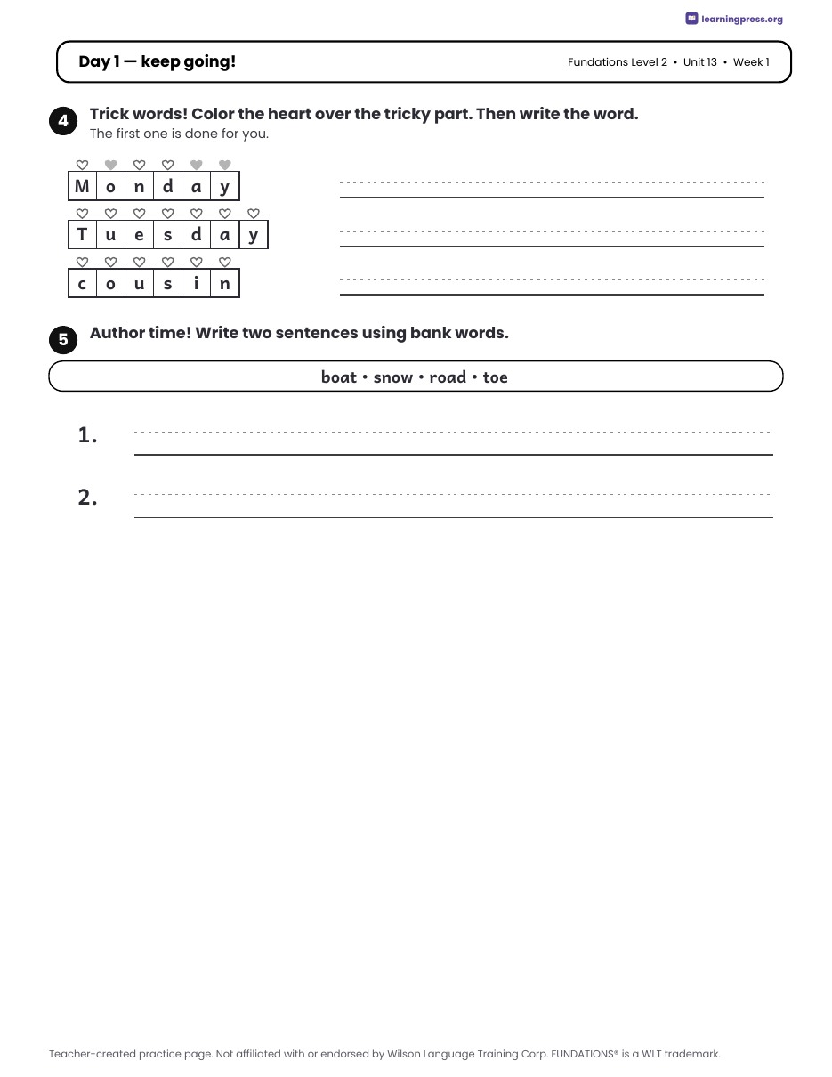 Preview page 3 of Fundations LEVEL 2 — Full-Year Daily Lesson Work Page Bundle (All Units 1–17)