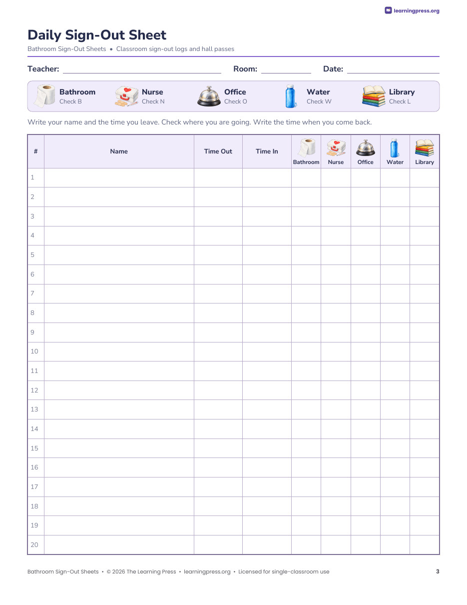 Preview page 1 of Bathroom Sign Out Sheet · Editable Sign-Out Log, Hall Passes & Poster