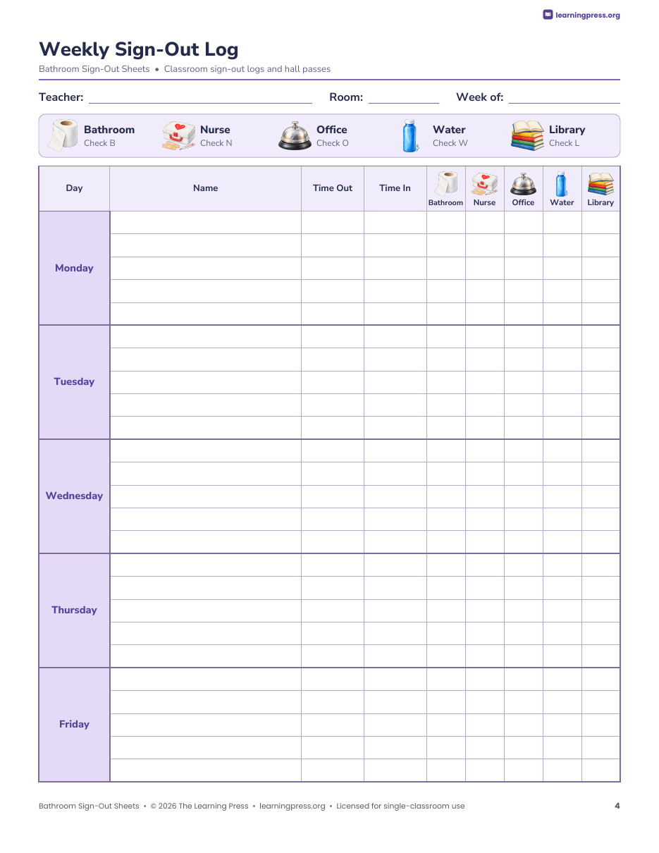 Preview page 2 of Bathroom Sign Out Sheet · Editable Sign-Out Log, Hall Passes & Poster