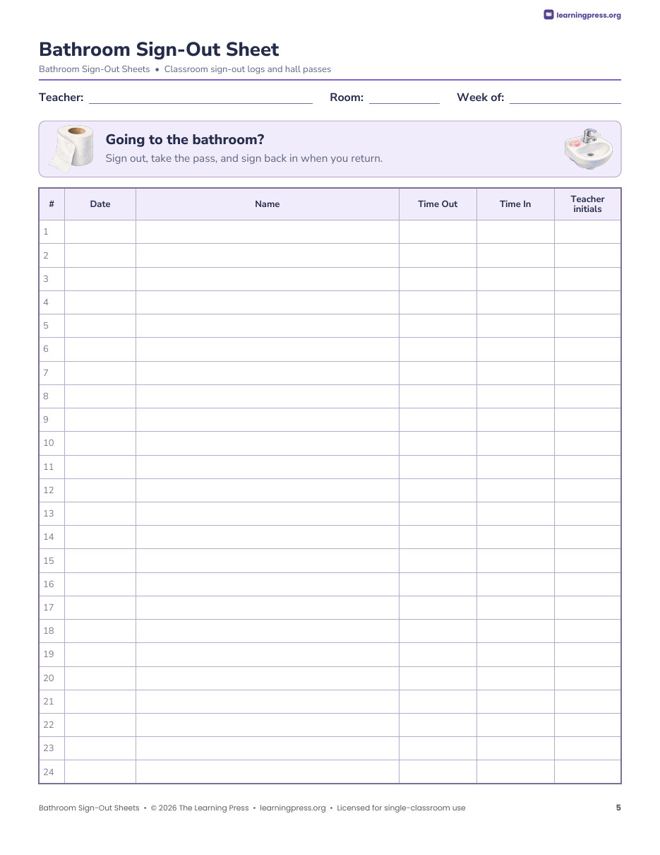 Preview page 3 of Bathroom Sign Out Sheet · Editable Sign-Out Log, Hall Passes & Poster