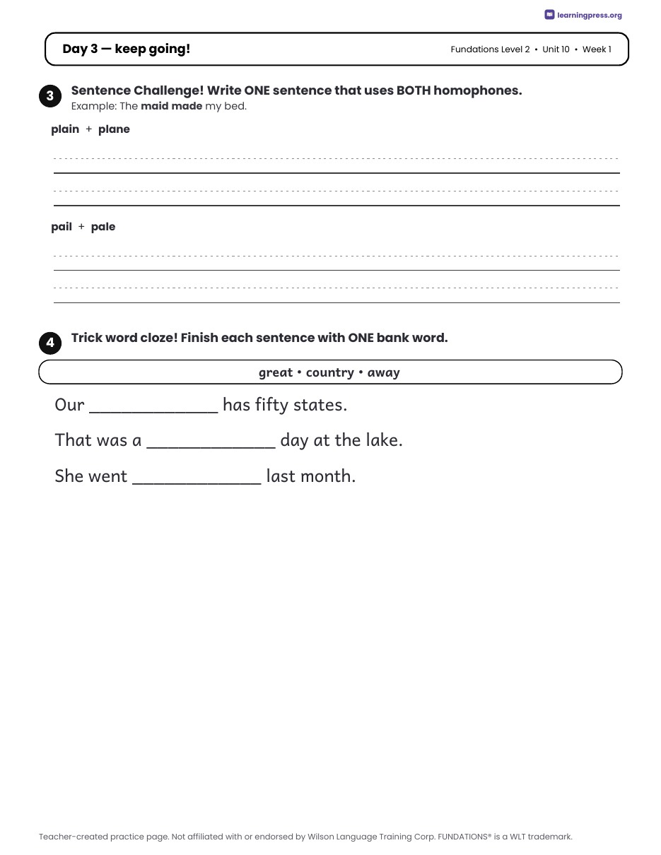 Preview page 2 of Fundations Level 2 Unit 10 Daily Lesson Work Pages