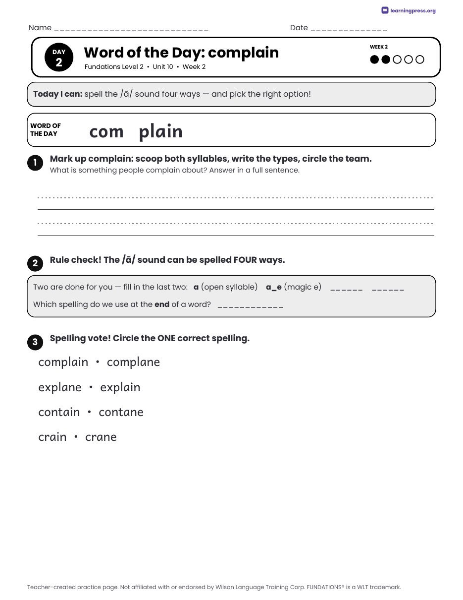 Preview page 3 of Fundations Level 2 Unit 10 Daily Lesson Work Pages