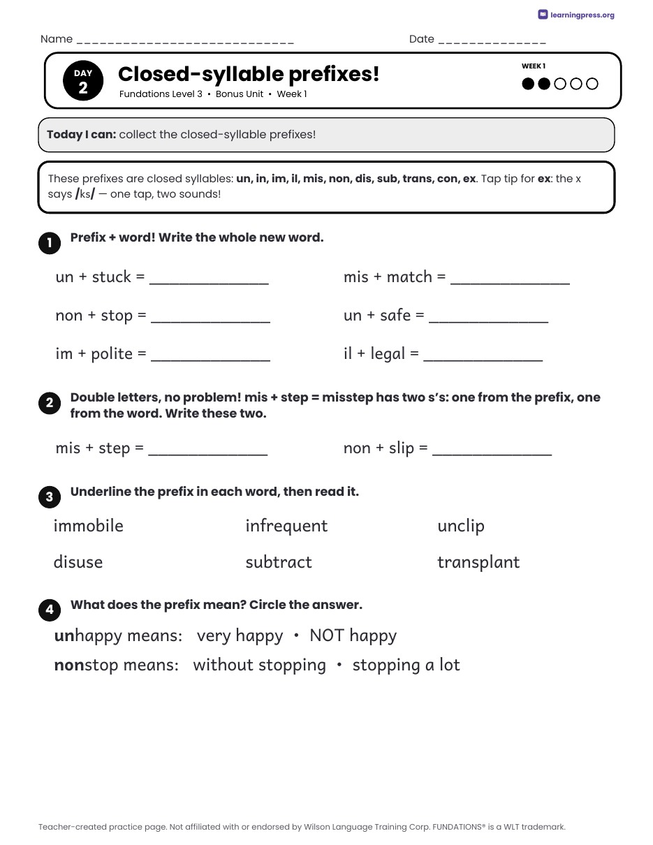 Preview page 1 of Fundations Level 3 Bonus Unit Daily Lesson Work Pages