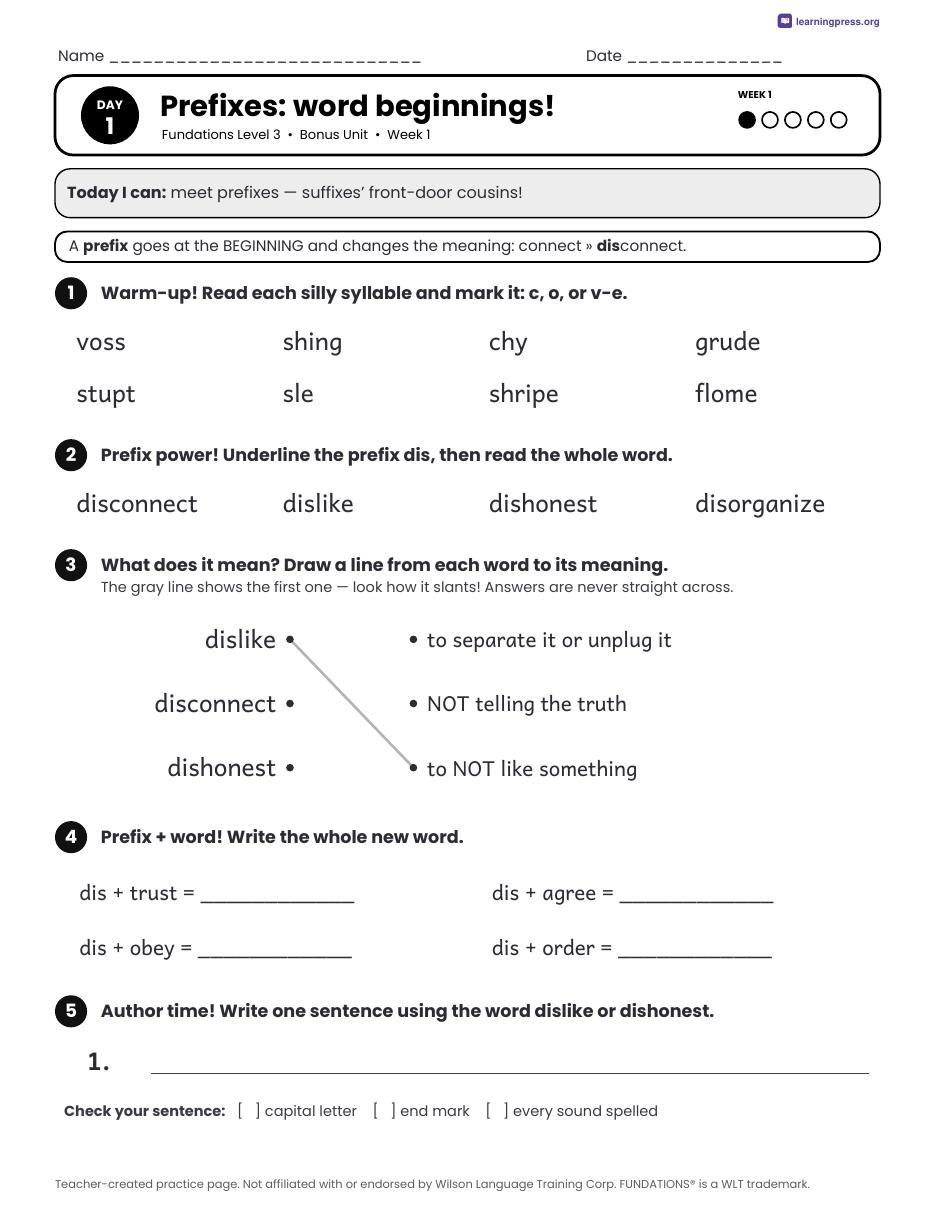 Preview page 1 of Fundations Level 3 Bonus Unit Daily Lesson Work Pages