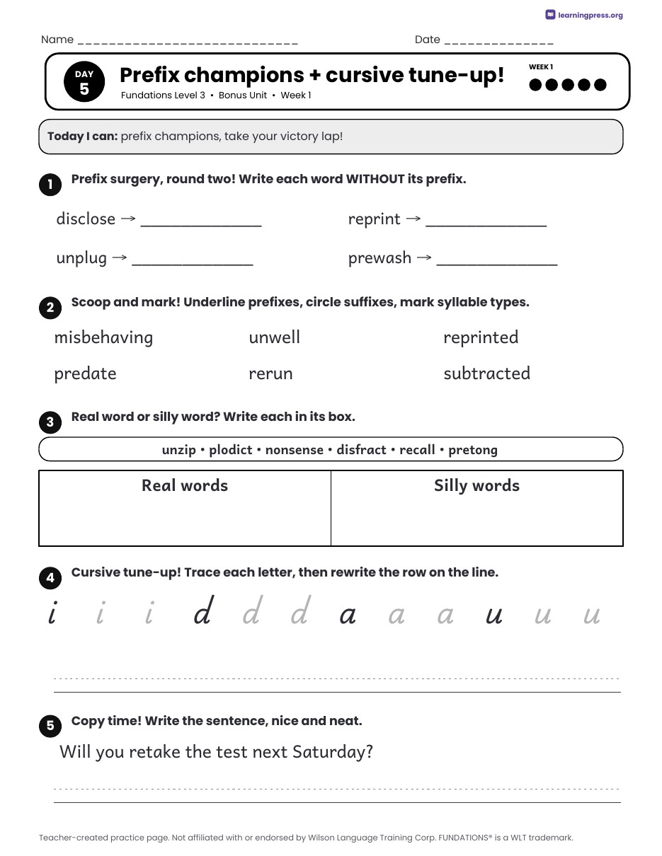 Preview page 2 of Fundations Level 3 Bonus Unit Daily Lesson Work Pages