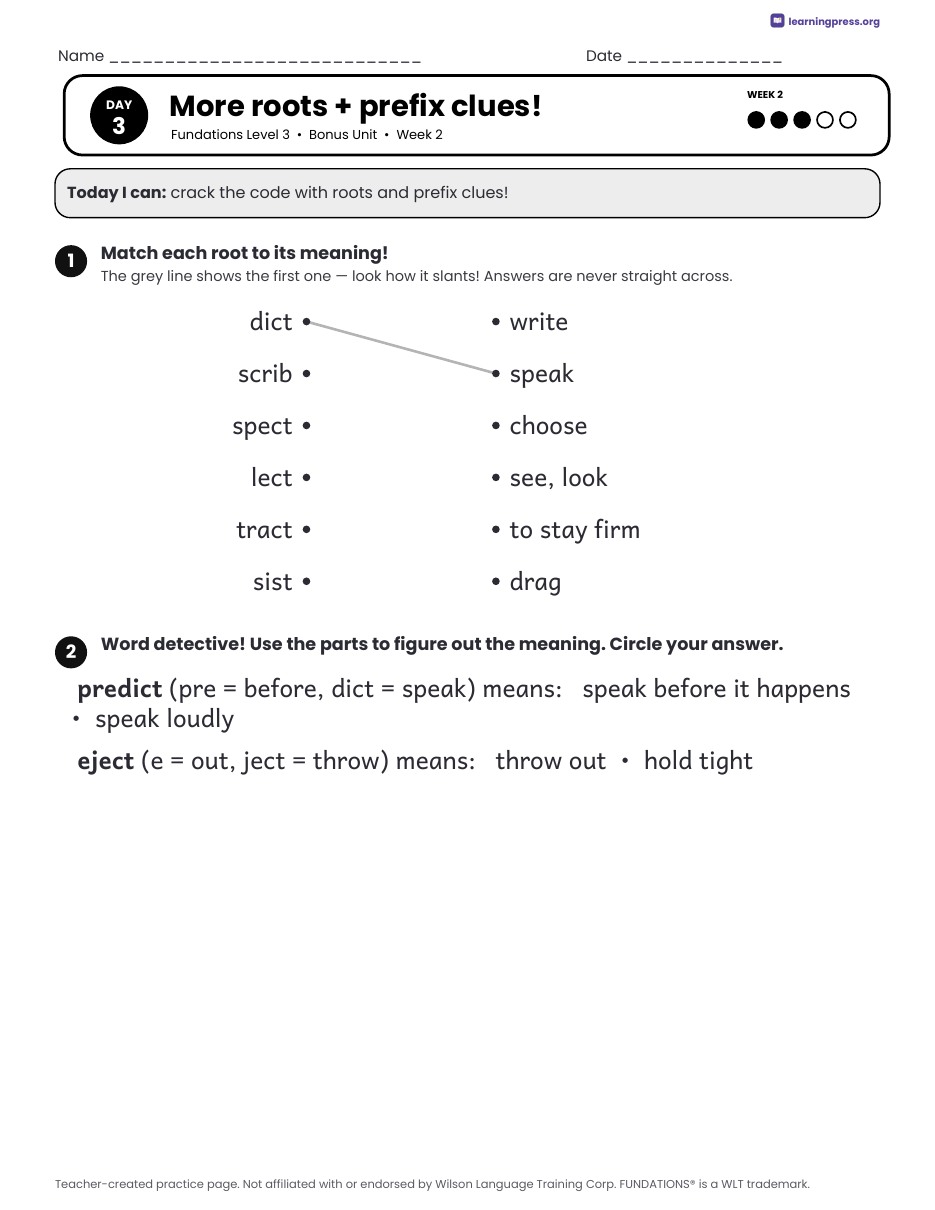 Preview page 3 of Fundations Level 3 Bonus Unit Daily Lesson Work Pages