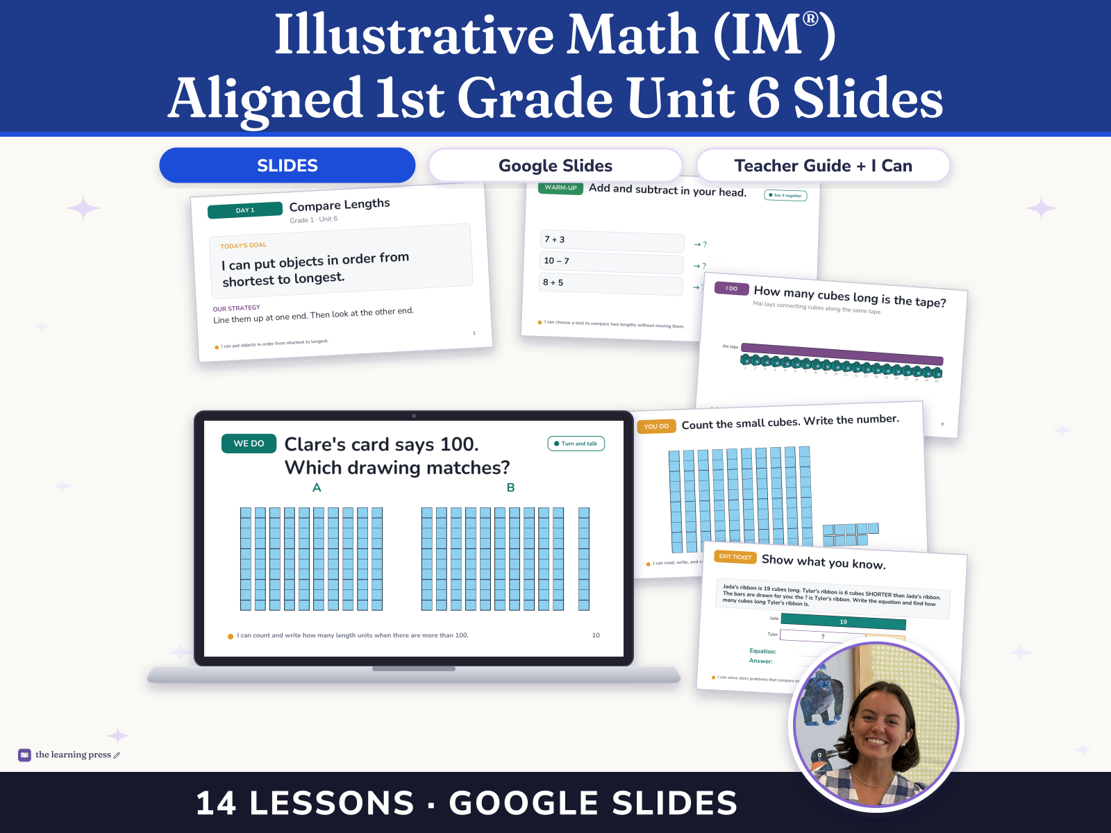 Preview page 1 of Illustrative Math (IM®) Aligned 1st Grade Unit 6 Slides: Length Measurements Within 120 Units