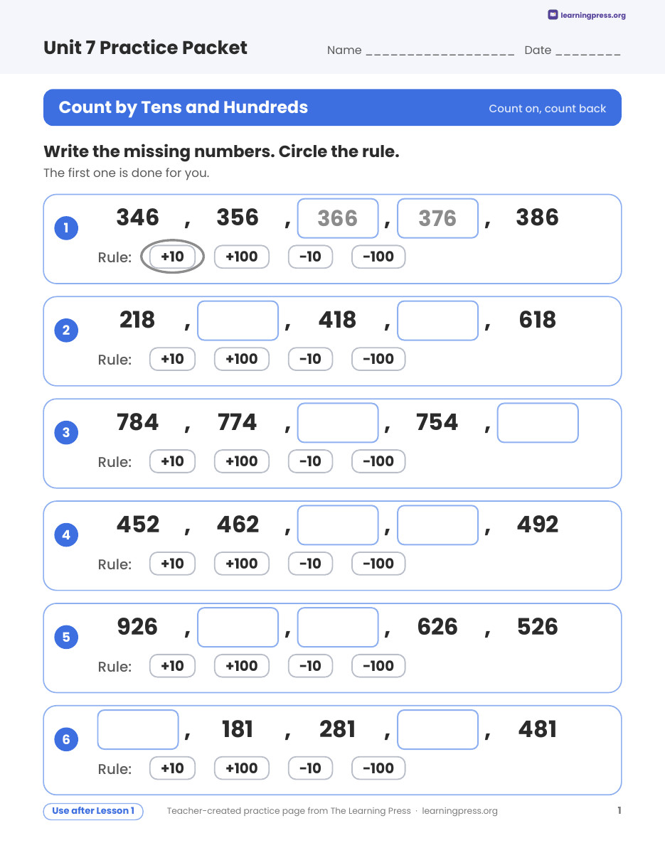 Preview page 1 of Illustrative Math (IM®) Aligned 2nd Grade Unit 7 Practice Packet (Color & B&W)