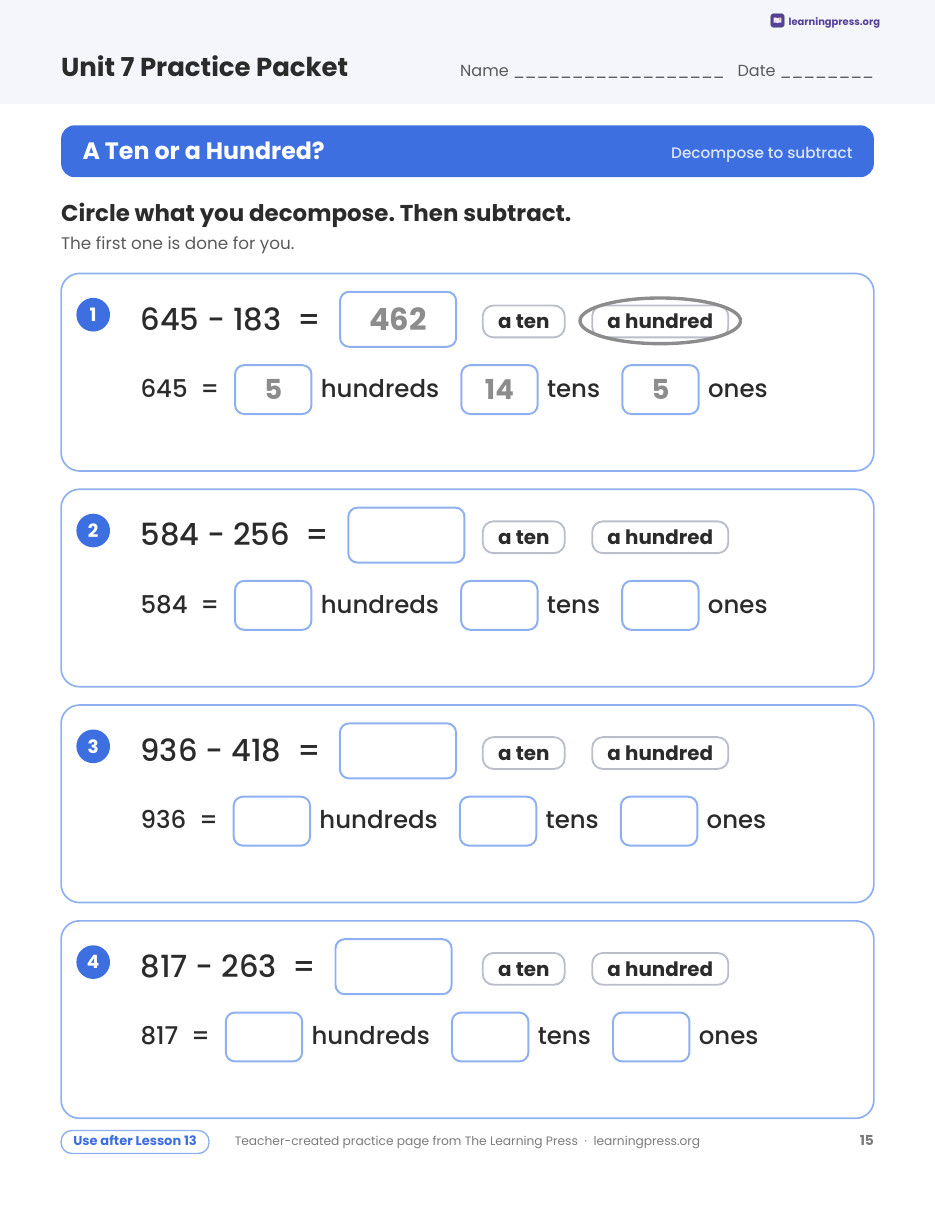 Preview page 3 of Illustrative Math (IM®) Aligned 2nd Grade Unit 7 Practice Packet (Color & B&W)