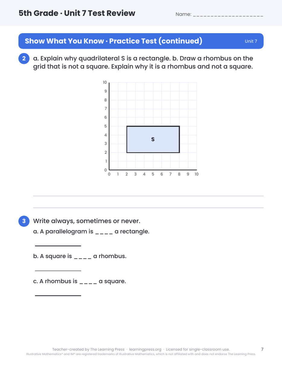 Preview page 4 of Illustrative Math (IM®) Aligned 5th Grade Unit 7 Test Review