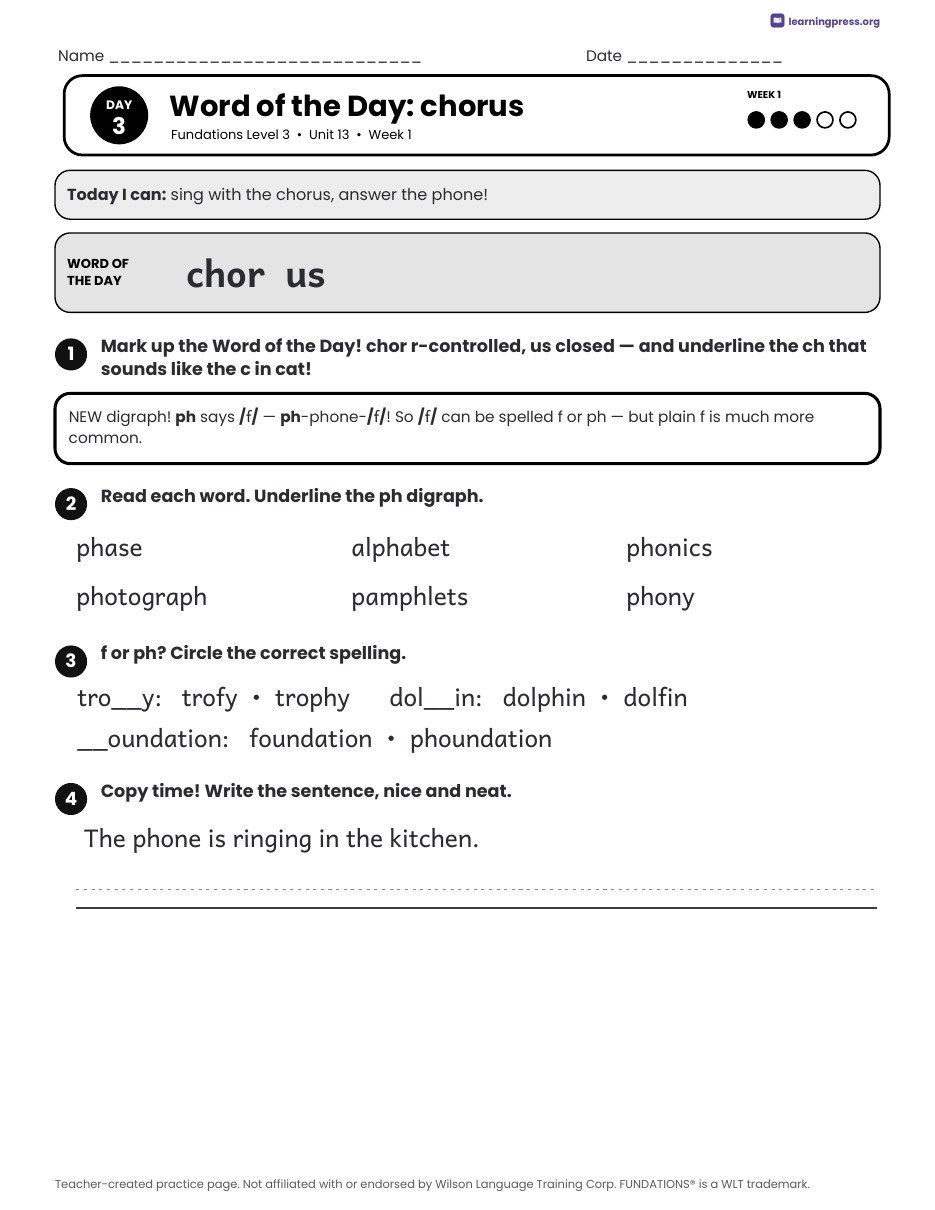 Preview page 1 of Fundations Level 3 Unit 13 Daily Lesson Work Pages