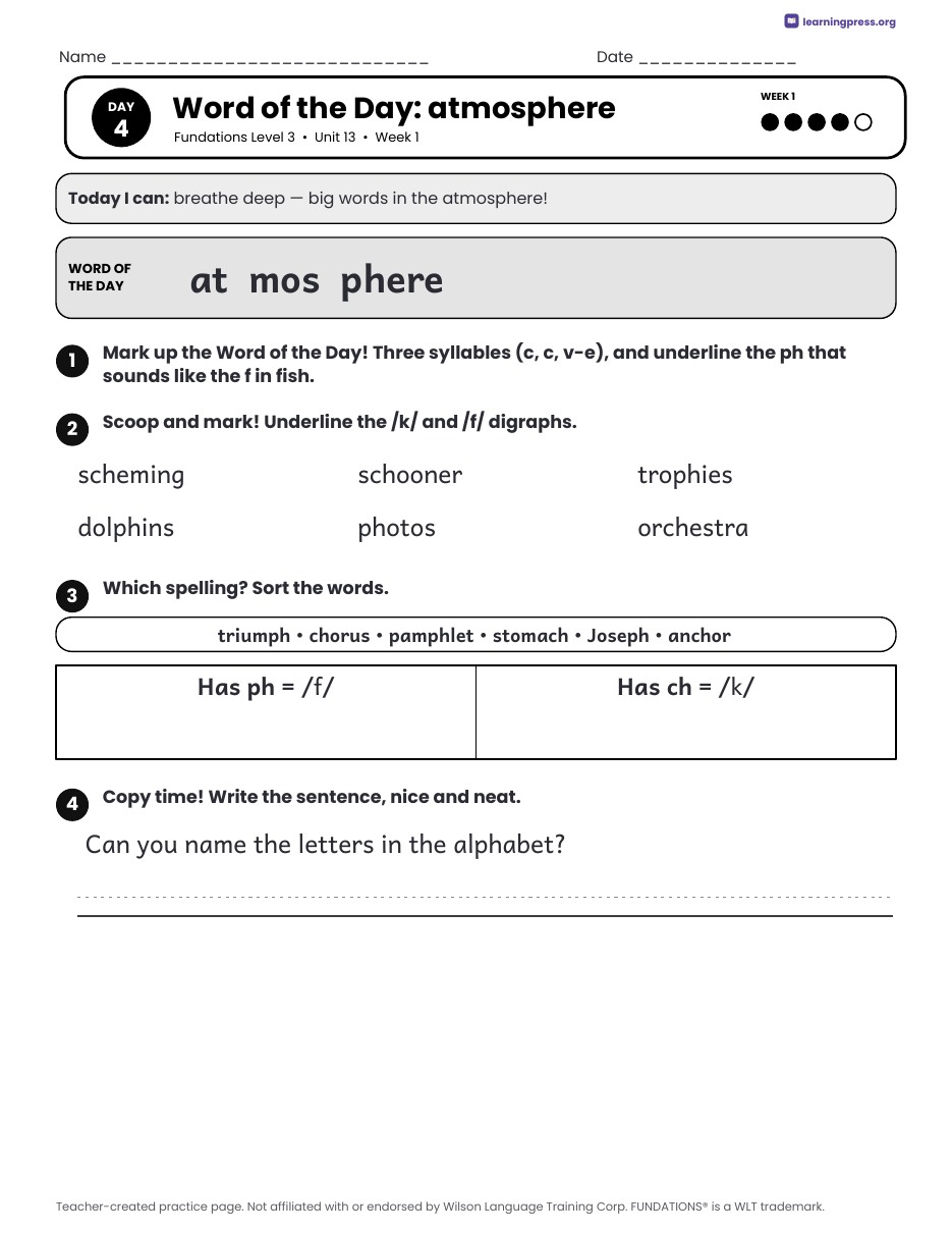 Preview page 2 of Fundations Level 3 Unit 13 Daily Lesson Work Pages