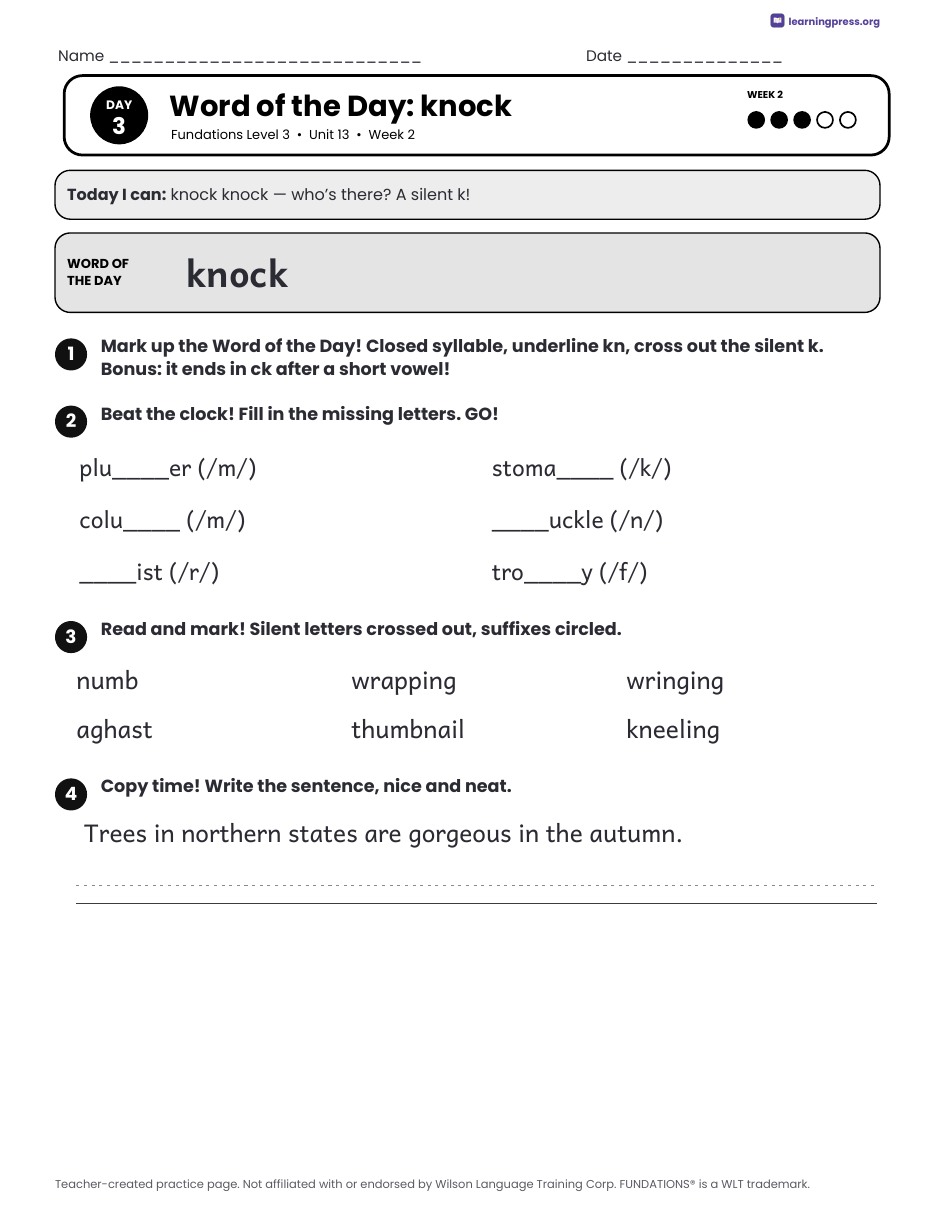Preview page 4 of Fundations Level 3 Unit 13 Daily Lesson Work Pages