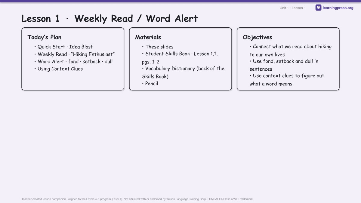 Preview page 1 of Fundations Level 4 Unit 1 Lesson Slides