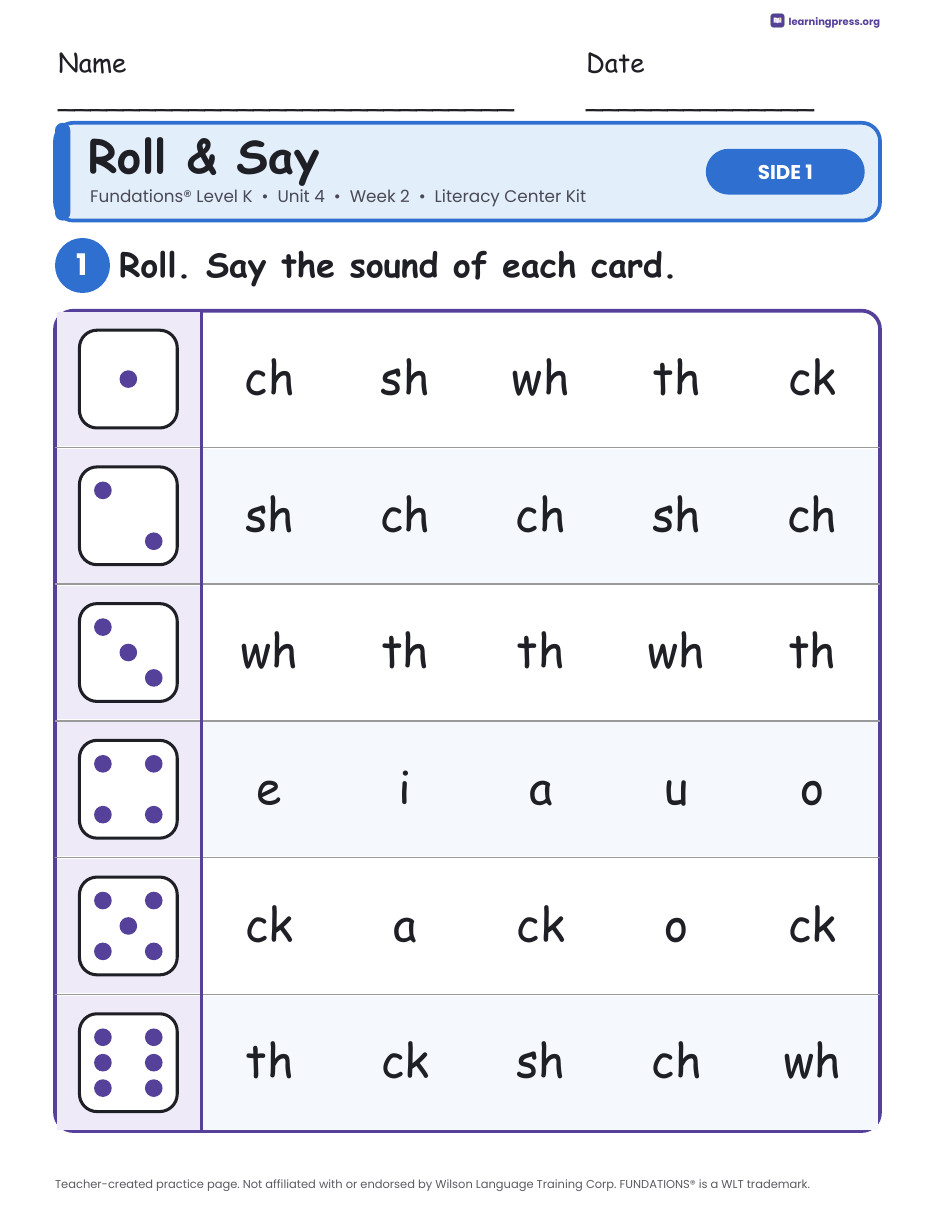 Preview page 1 of Fundations Level K Unit 4 Week 2 Literacy Center Kit