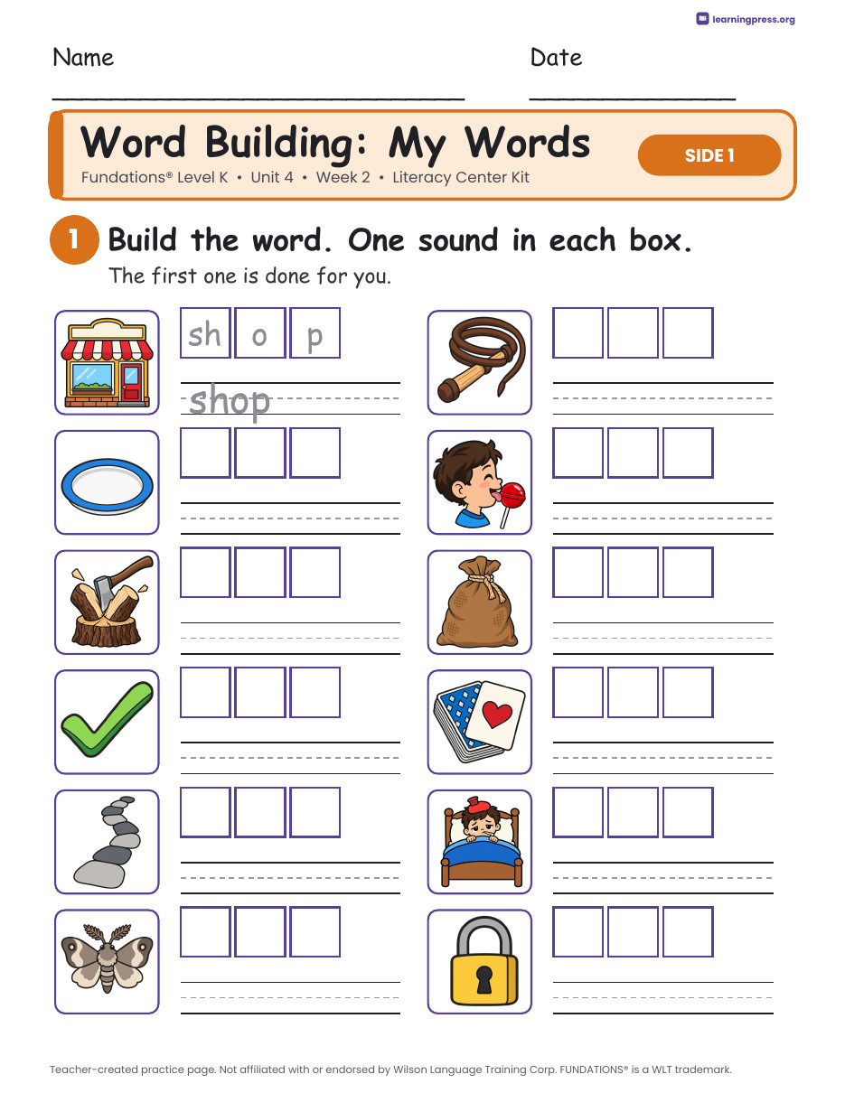 Preview page 2 of Fundations Level K Unit 4 Week 2 Literacy Center Kit