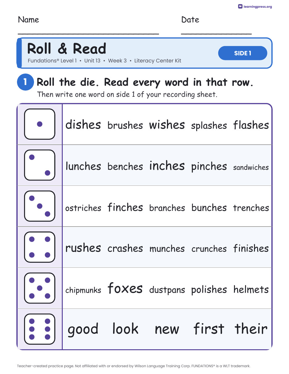 Preview page 1 of Fundations Level 1 Unit 13 Week 3 Literacy Center Kit
