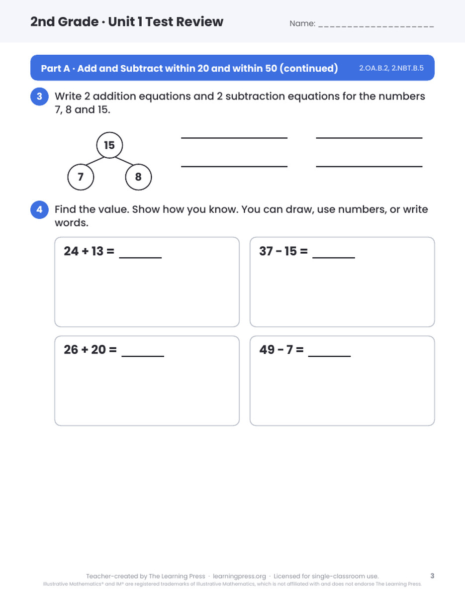 Preview page 1 of Illustrative Math (IM®) Aligned 2nd Grade Test Review Bundle: All 8 Units